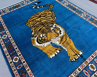 8x10 Large Rare Rug- Blue Yellow Fine Quality Rug- Handmade Wool Rug Haunting Piece Tiger Oriental Area Rug Rug for Kids Room Rug 250x310 cm