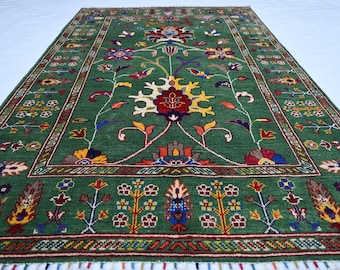 6x4 Green Bijdar Rug- Floral Sultani rug- Afghan Wool Rug- Handmade Rug- Rug for Entryway- Kitchen Rug Office- Modern Rug- Green Oushak Rug