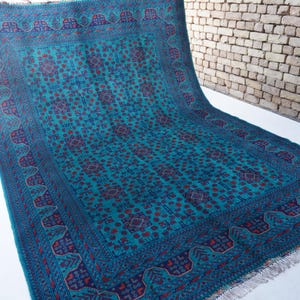 Turquoise Rug 7x10 Large Afghan Rug Turkmen Unique Bukhara Rug- Handmade Wool Rug Oriental Rug- Bedroom Rug- Living Room Rug Tribal Area Rug