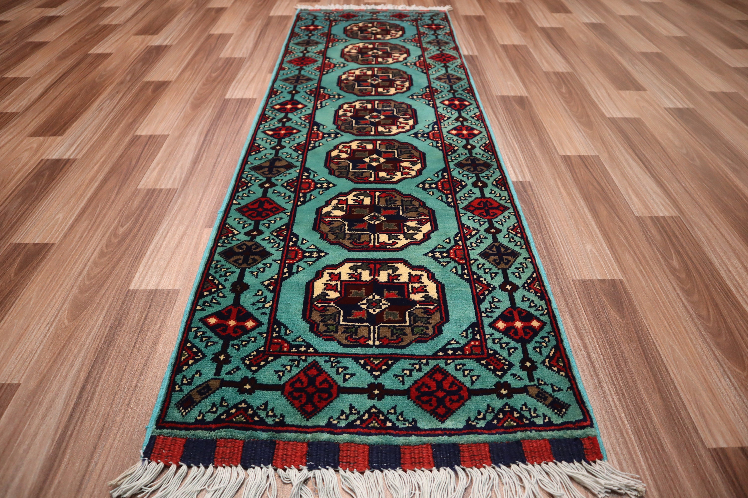 2x5 ターコイズランナーラグ 1'9x5'1 フィート アフガニスタン テッケ