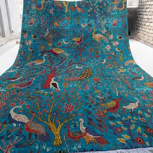 7x10 Hand Knotted Area Rug- Handmade Art Birds Peacocks Pictorial Rug- Tree of life Rug- Turquoise Rug- Best for Kids Room- Living Room Rug