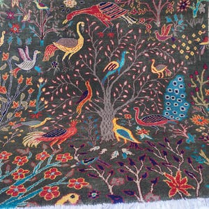 150x150 cm Dark Green Rug 5x5 Square Rug- Hand Knotted Wool Rug- Birds Peacocks Trees Pictorial Rug- Best for Kids Room Yellow Red Brown Rug