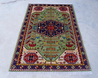 4'8x6'7 ft Green Afghan Rug- Turkmen Tribal Caucasian Rug- Handmade Wool Rug- Oriental Rug- Bedroom Rug- Green Area Rug- Office Rug 5x7
