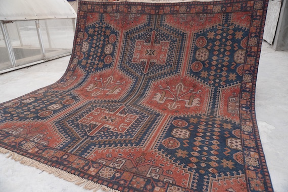 8x8 Large Vintage Square Rug 240x245 cm Terracotta Rug- Afghan  Caucasian Handmade Wool Turkmen Tribal Wool Rug- Oriental Rug- Bedroom Rug
