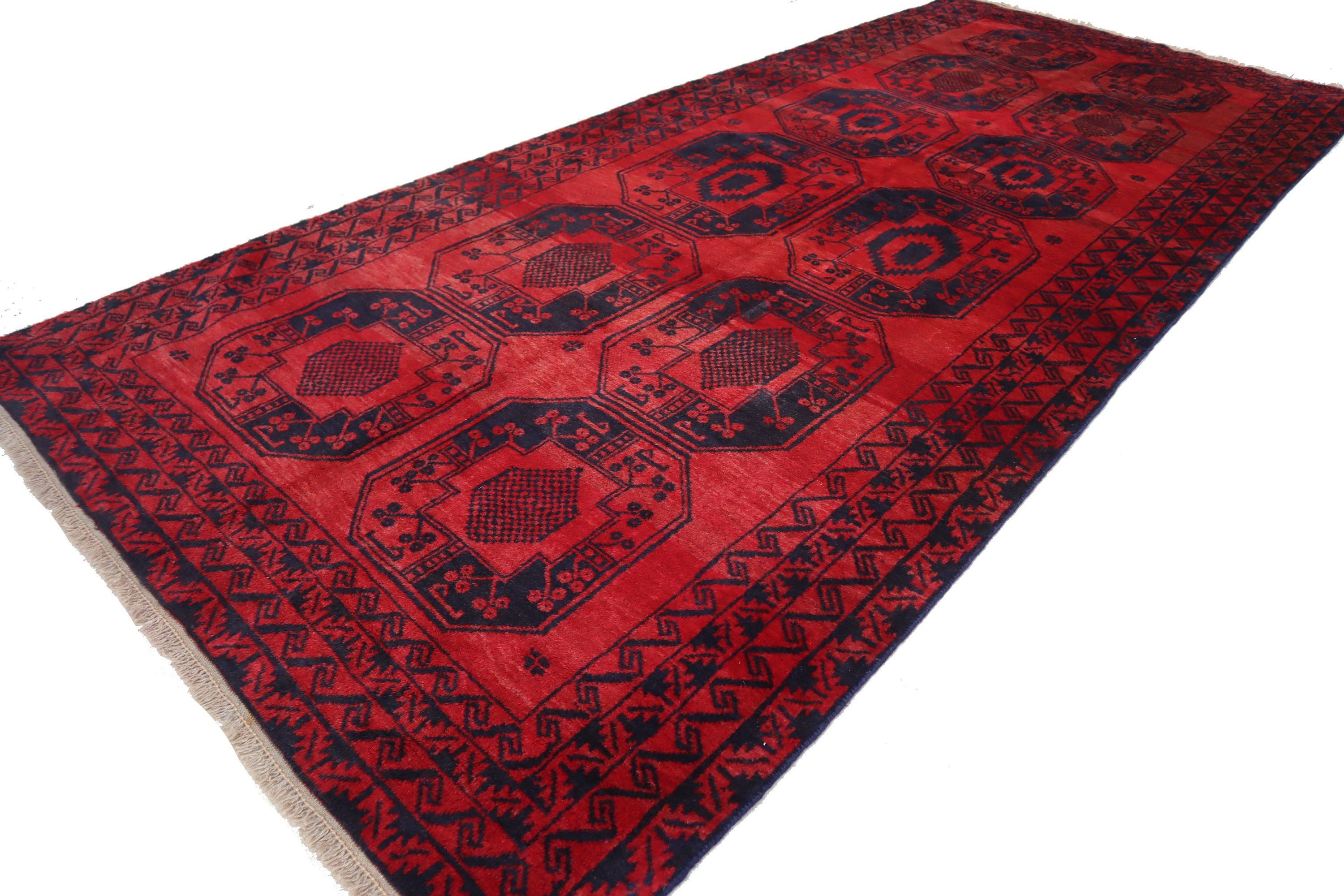 4x10 アフガン ランナー ラグ - ハンドメイド ウール ラグ