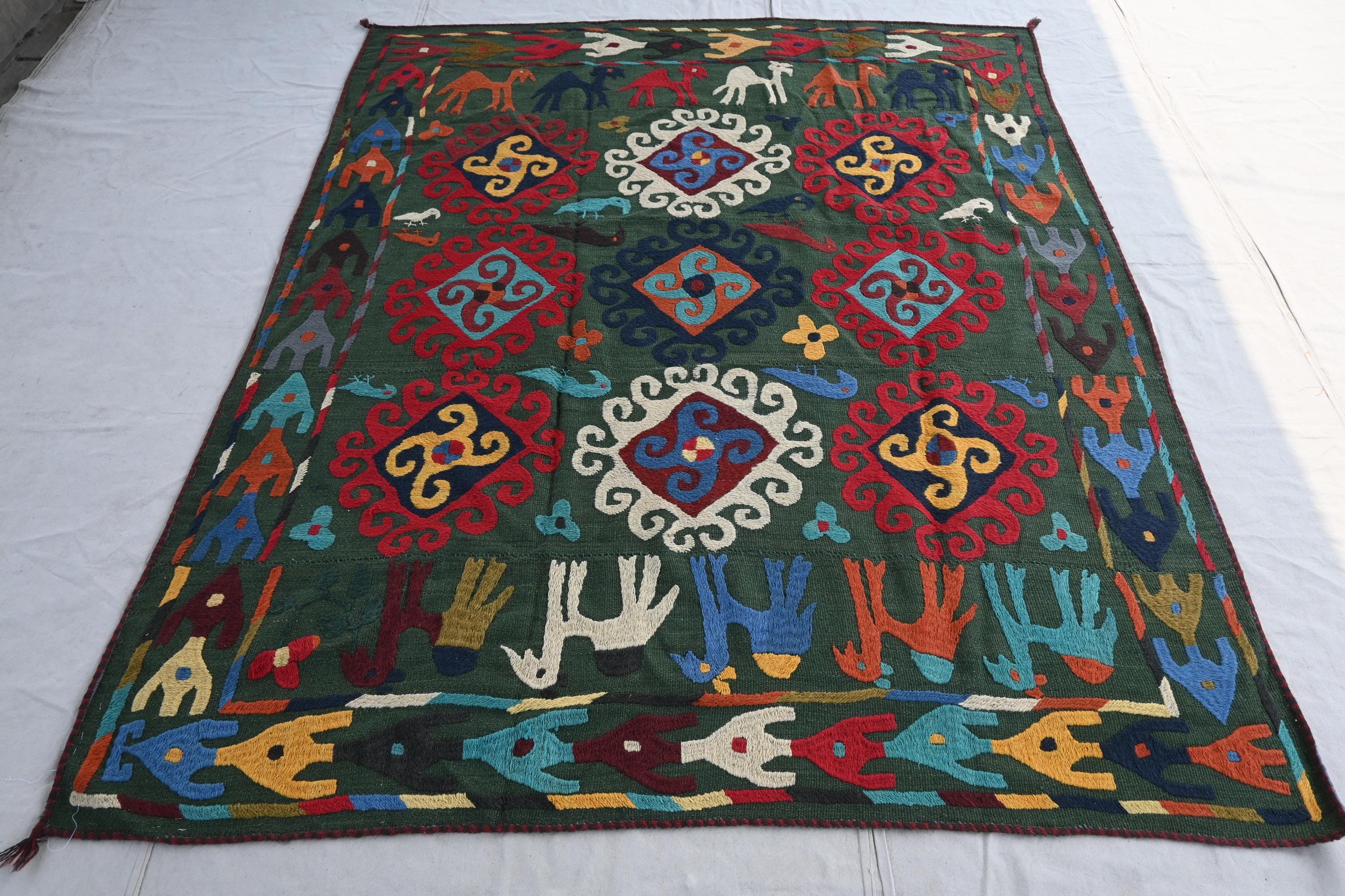 Vintage Green Tapestry Rug 7x7 Afghan Handmade Wool Square Rug