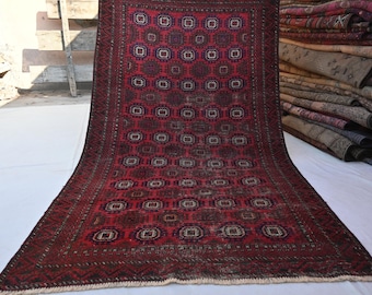 Afghan Vintage Tekke Rug 4'4x7'8 ft Hand Knotted Wool Area Rug- Baluchi Sarique Rug- Soft Pile Geometric Rug- Bedroom Rug- Kitchen Rug 4x8