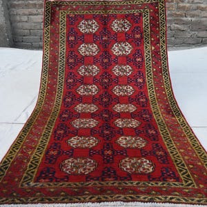 3x5 Vintage Area Rug 1960s Antique Rug- Afghan Tekke Ersari Bukhara Rug- Turkmen Hand Knotted Wool Rug- Rugs for Kitchen- Oriental Red Rug