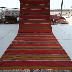 4x10 Runner Rug- Handmade Wool Rug- Afghan Vintage Striped design Flatweave Kilim Rug- Red Antique Rug- Turkmen Boho Rug- Oriental 4x10 Rug