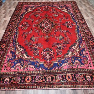 Antique Turkish Rug 7x10 Afghan Area Rug- Handmade Wool Rug- Geometric Caucasian rug- Red Blue Pink Black Turkmen Tribal Heriz Rug- Office