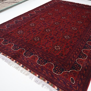 Afghan Rug 7x10 Red Bukhara Rug- Handmade Wool Rug- Fine Vintage Rug- Turkmen Tribal Rug- Oriental Rug- Bedroom Rug- Red Navy Green Orange