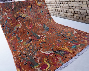 Alfombra afgana de lana hecha a mano, color naranja, de 15 x 20 cm, con pájaros, pavo real y árbol, estilo turcomano, para habitación infantil, dormitorio y zona oriental.