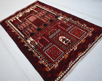 3x4 ft Afghan Antique Prayer Rug- Handmade Wool Rug- Turkman Trible Area Rug- Bedroom Rug- Office Rug- Oriental Muslim Mosque Prayer Rug