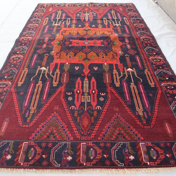 Afghan Vintage Baluchi Rug 4'3x6'11 ft Hand Knotted Wool Area Rug- Red Navy Pink Geometric design Soft Pile Rug- Bedroom- Office Kitchen rug