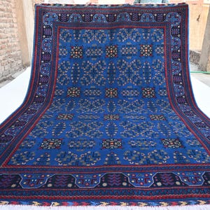 7x10 Blue Afghan Rug- Turkmen Unique design Bukhara Rug- Handmade Wool Rug- Oriental Area Rug- Bedroom Rug- Tribal Rare Rug- Bedroom 200x300