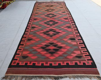 1920er Antiker Teppich - 150x300 - Ghalmoori Flachgewebe Kelim Teppich - Afghan Geometrischer Teppich - Turkmenischer Boho Teppich - Flur Breiter Teppich Läufer