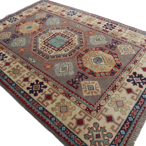Gray 4x6 Kazak Area Rug - Afghan Hand Knotted Natural dyes Wool Rug - Turkmen Tribal Geometric Rug- 120x180 cm Rug for Bedroom- Living Room
