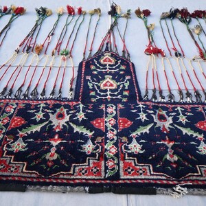 Puede incluir: Textil azul oscuro con intrincados patrones en rojo, blanco y verde. El dise&ntilde;o incluye motivos florales y geom&eacute;tricos. Largas borlas decorativas de varios colores cuelgan del borde superior. El textil parece una alfombra o un tapiz.