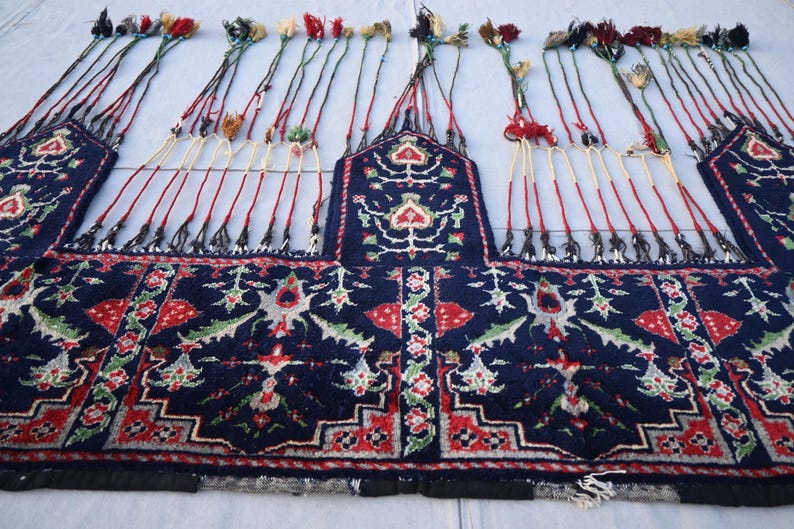 Puede incluir: Textil azul oscuro con intrincados patrones en rojo, blanco y verde. El dise&ntilde;o incluye motivos florales y geom&eacute;tricos. Largas borlas decorativas de varios colores cuelgan del borde superior. El textil parece una alfombra o un tapiz.