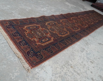 Vintage 3x13 Runner Afghan Handmade Caucasian Terracotta Rug- Oriental Rug- Turkmen Tribal Rug Hallway Runner- Kitchen Runner Rug 2'10x12'7"