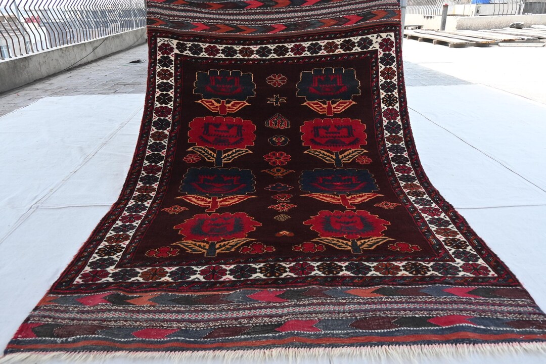 アフガニスタン フローラル Baluchi ラグ 4x6 トルクマン アンティーク