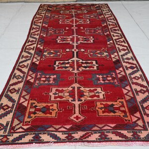 Afghan Geometric Rug 4&#39;5x9 ft Caucasian Rug- 1950s Antique Turkmen Handmade wool Tribal Rug- Red Oriental Rug- Living Room Rug- Bedroom Rug