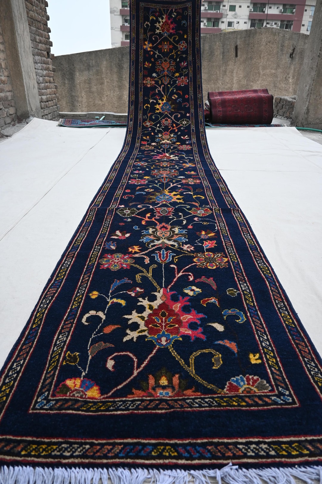 16 Ft Runner Rug- Navy Blue Floral Bijdar Rug- Afghan Rug- Handmade Rug ...