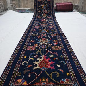 16 ft Runner Rug- Navy Blue Floral Bijdar Rug- Afghan Rug- Handmade Rug- Fine Wool Rug- Turkmen Tribal Rug- Navy Oushak Rug- Hallway Runner