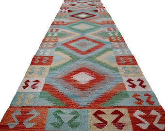 Afghansk 3 meter löpmatta S: 70 x 3 meter Handgjord kelimmatta - Flatweave-matta - Geometrisk design - Orientalisk matta - 100 % ullmatta - Halllöpare