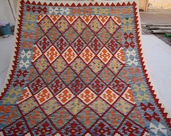 6x8 Handmade Afghan Rug - Flatweave Multi Color Geometric design Maimana Kilim Rug - Oriental Large Area Rug- Living Room - Dining Table Rug