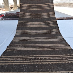 3x7 Runner Rug- Black Brown Handmade Wool Rug- Afghan 1950 Vintage Striped Flatweave Kilim Rug- Tribal Boho Rug- Hallway Runner/ Kitchen Rug