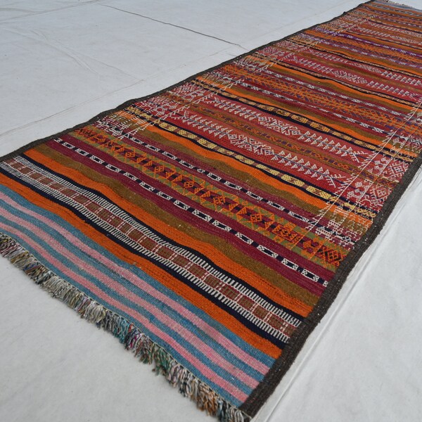 Alfombra antigua de la década de 1940 3x10 Alfombra de lana hecha a mano- Alfombra de corredor afgano- Alfombra Kilim de tejido plano vintage- Alfombra Laghari Kilim- Corredor de pasillo oriental turcomano