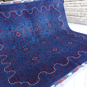 7x7 Rich Blue Square Rug- Afghan Bukhara Rug 6&#39;9x6&#39;9 ft Handmade Fine Wool Rug- Modern Area Rug- Organic dyes Rug Bedroom Rug- 200x200 cm