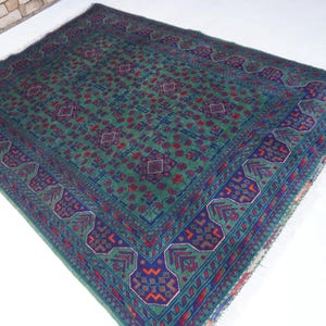 5x7 ft Dark Green Afghan Rug- Hand Knotted Wool Area Rug- Turkmen Tribal Bukhara Rug- Rug for Kids Room- Bedroom- Living Room 150x200 cm Rug