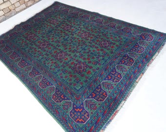 5x7 ft Dark Green Afghan Rug- Hand Knotted Wool Area Rug- Turkmen Tribal Bukhara Rug- Rug for Kids Room- Bedroom- Living Room 150x200 cm Rug