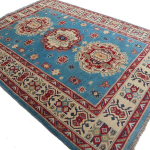 Blue 4x6 Kazak Area Rug - Afghan Hand Knotted Natural dyes Wool Rug - Turkmen Tribal Geometric Rug- 120x180 cm Rug for Bedroom- Living Room