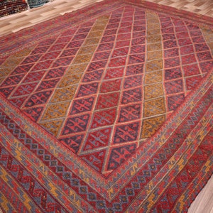 7x9 ft Vintage Mashwani Berjesta Rug- Oriental Afghan Handmade Wool Geometric Red Blue Gold Orange Antique Area Rug- Bedroom Rug Living Room