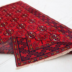 2&#39;8x4&#39;8 ft Afghan Vintage Rug- Handmade Wool Turkmen Mowri Bukhara Red- Luxury Area Rug- Diamond Bedroom Kitchen Farmhouse Kids Tapis Carpet