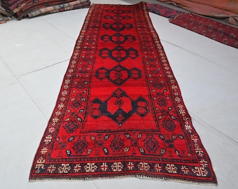4x13 ft Runner Afghan 1960s Vintage Rug- Handmade 100% Wool Geometric Balochi Rug- Red Fine Rug- Hallway Runner Rug- Oriental Bohemian Rug