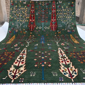 7x10 Green Pictorial Rug- Tree of life Rug- Afghan Hand Knotted Rug- Turkmen Wool Rug- Oriental Rug- Bedroom Rug- Kids Room- Living Room Rug