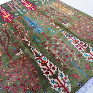6x8 Dark Green Pictorial Rug- Tree of life Rug- Afghan Hand Knotted Rug- Turkmen Wool Rug Oriental Rug- Bedroom Rug- Living Room Bedroom Rug