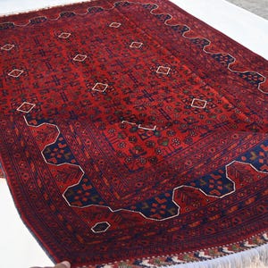 Afghan Rug 7x10 Red Bukhara Rug- Fine Vintage Rug- Turkmen Tribal Rug- Handmade Wool Rug- Oriental Rug- Bedroom Rug- Red Navy Green Orange