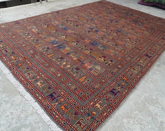 Large Natural Rug 7x10 Antelopes Pictorial Rug- Afghan Rug- Hand Knotted Rug- Fine Wool Rug- 210x310 cm Area Rug- Bedroom Rug- Kids Room Rug