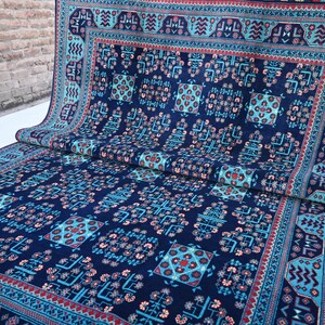 7x10 Navy with Turquoise Afghan Rug- Large Turkmen Unique Wheat design Bukhara Rug- Handmade Wool Rug- Oriental Rug- Bedroom Rug- Tribal Rug