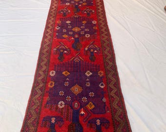 Vintage vloerkleed uit de jaren 60 - 3x12 Afghaans handgemaakt 100% wollen geometrisch Balochi-kleed - Rood fijn kleed - Loper voor de hal - Keukenkleed - Oriëntaals boho-kleed