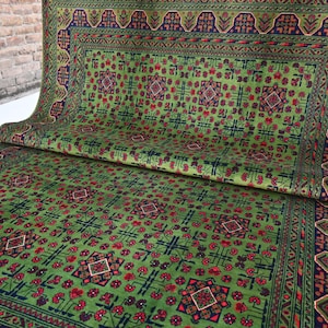 Beautiful Afghan Rug 7x10 Large Turkmen Green Bukhara Rug- Handmade Wool Rug Oriental Rug- Bedroom Rug- Tribal Rug- Green Red Navy Beige Rug