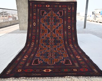 ヴィンテージ バルーチウールラグ：4 x 7フィート、幾何学模様の