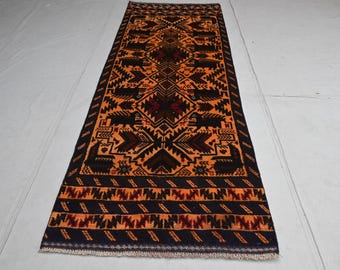 3x7 Runner Afghan Vintage Rug- Handmade 100% Wool Pictorial Balochi Rug- Yellow Fine Rug- Hallway Runner Rug- Kitchen Oriental Bohemian Rug