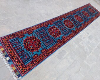 ブルー 10 フィート ランナー ラグ - アフガニスタン製ハンドメイド