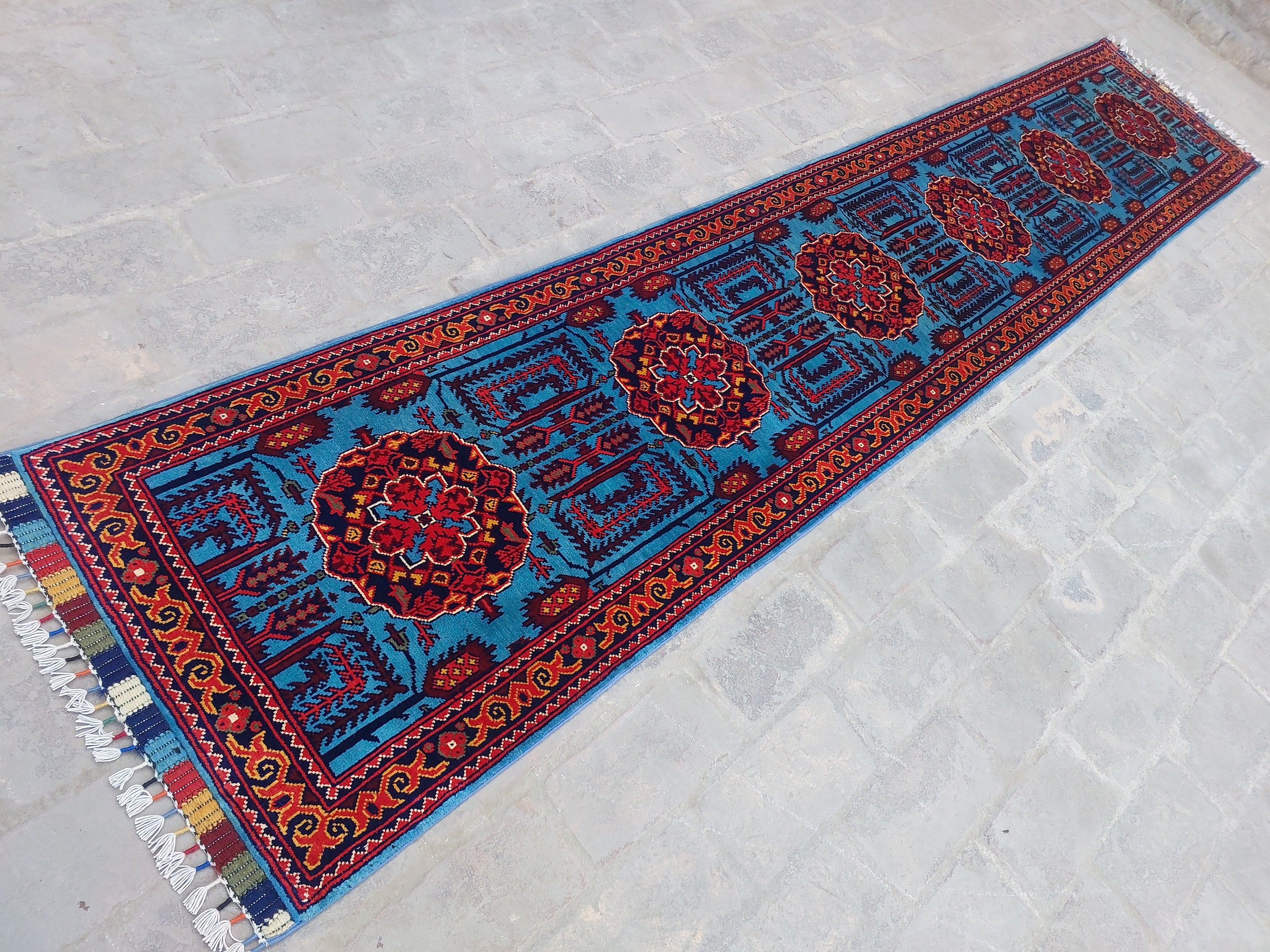 ブルー 10 フィート ランナー ラグ - アフガニスタン製ハンドメイド